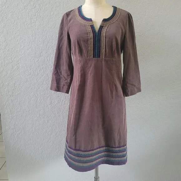 BODEN Corduroy Dress 6R Womens 3/4 Sleeve Embroidered Shift Midi Brown - Picture 1 of 11